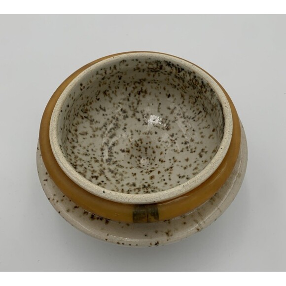 Vintage Art Pottery flour Jar with Lid white and blue strapes with brown dots - Picture 8 of 9